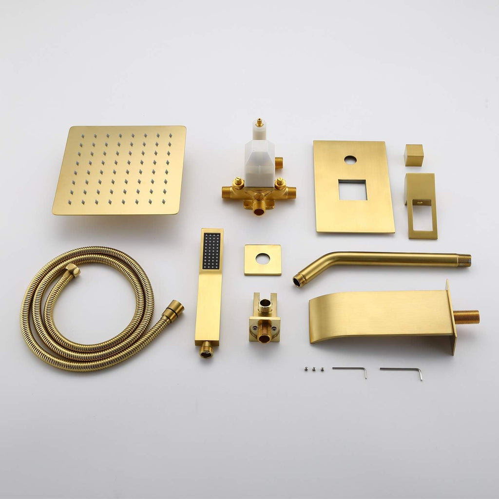 sumerain Tub and Shower Faucet System with Waterfall Tub Spout and Handheld Shower Head, Pressure-Balanced Valve, Brushed Gold