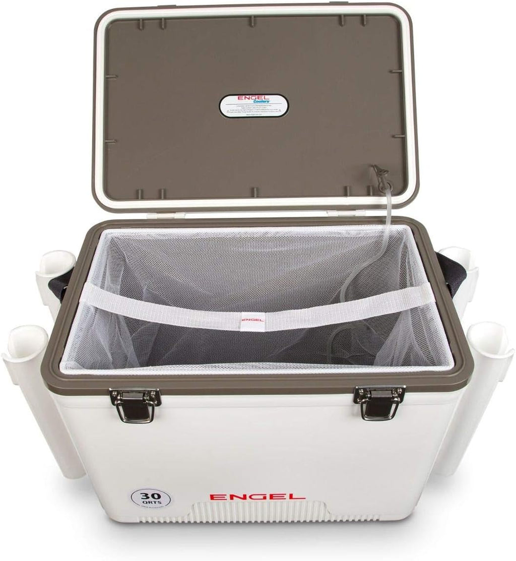 Engel 30qt Live Bait Cooler Box with 2nd Gen 2-Speed Portable Aerator Pump and 4 x Fishing Rod Holder Attachments. Fishing Bait Station and Minnow Bucket in LBC30-RH in White