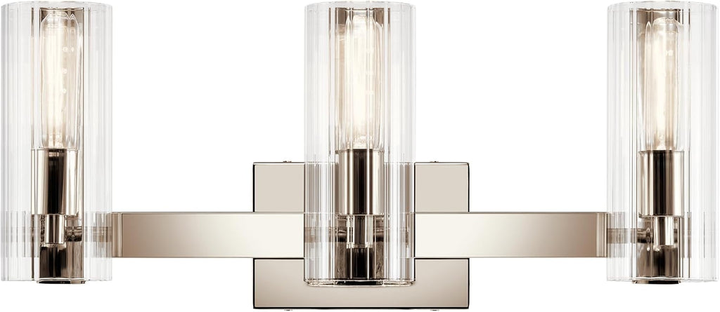 Kichler Jemsa 3-Light Bathroom Vanity Light Fixture, Modern Wall Mount Light with Clear Fluted Glass in Polished Nickel for Powder Room or Bathroom (9.75' x 22.75'), 55168PN