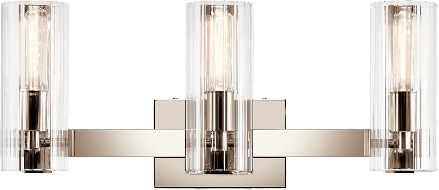Kichler Jemsa 3-Light Bathroom Vanity Light Fixture, Modern Wall Mount Light with Clear Fluted Glass in Polished Nickel for Powder Room or Bathroom (9.75' x 22.75'), 55168PN