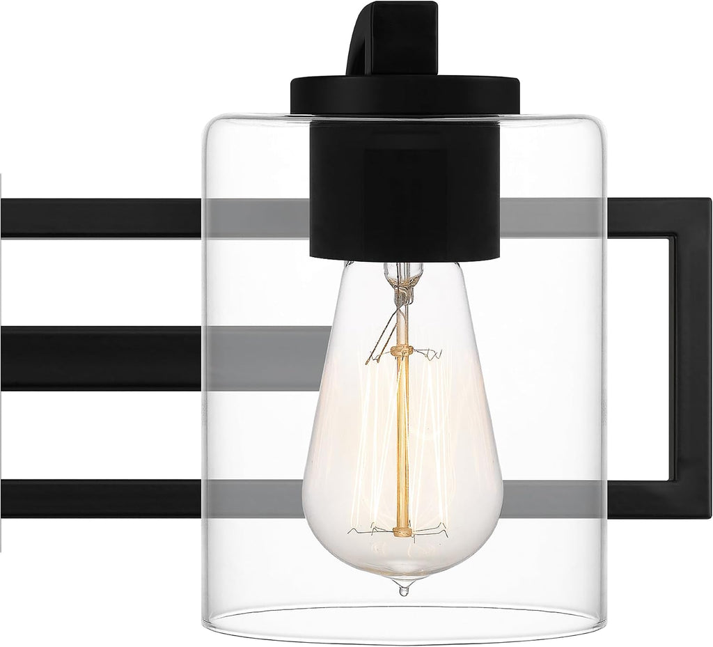 Quoizel Lansdowne Modern Bath Vanity Lights,18.25 Inch 2-Light Matte Black Lighting Fixtures Over Mirror, Clear Glass Shade, 100W, Decorative Wall Light for Bathroom, Dresser, Kitchen or Hallway