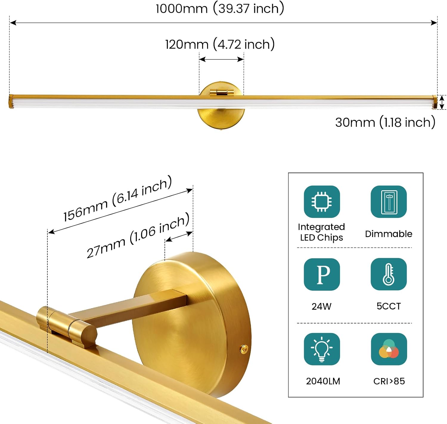 KAISITE Modern Bathroom Light - 39 Inch Dimmable 5CCT LED Vanity Light Bar for Restroom