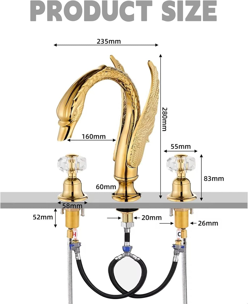 Golden Ornate Swan Style Bathroom Sink Faucet Combo Deck Mount Sink Mixer Tap Set Hot Cold Water