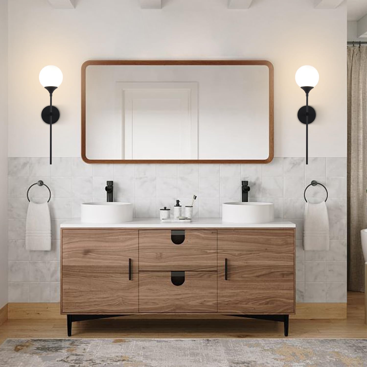 KCO Lighting Farmhouse Matte Black Wall Sconce Set of 2 Vintage Milk White Glass Globe Wall Light Mid Century Modern Bathroom Vanity Light Set of Two Industrial Bar Wall Lamp