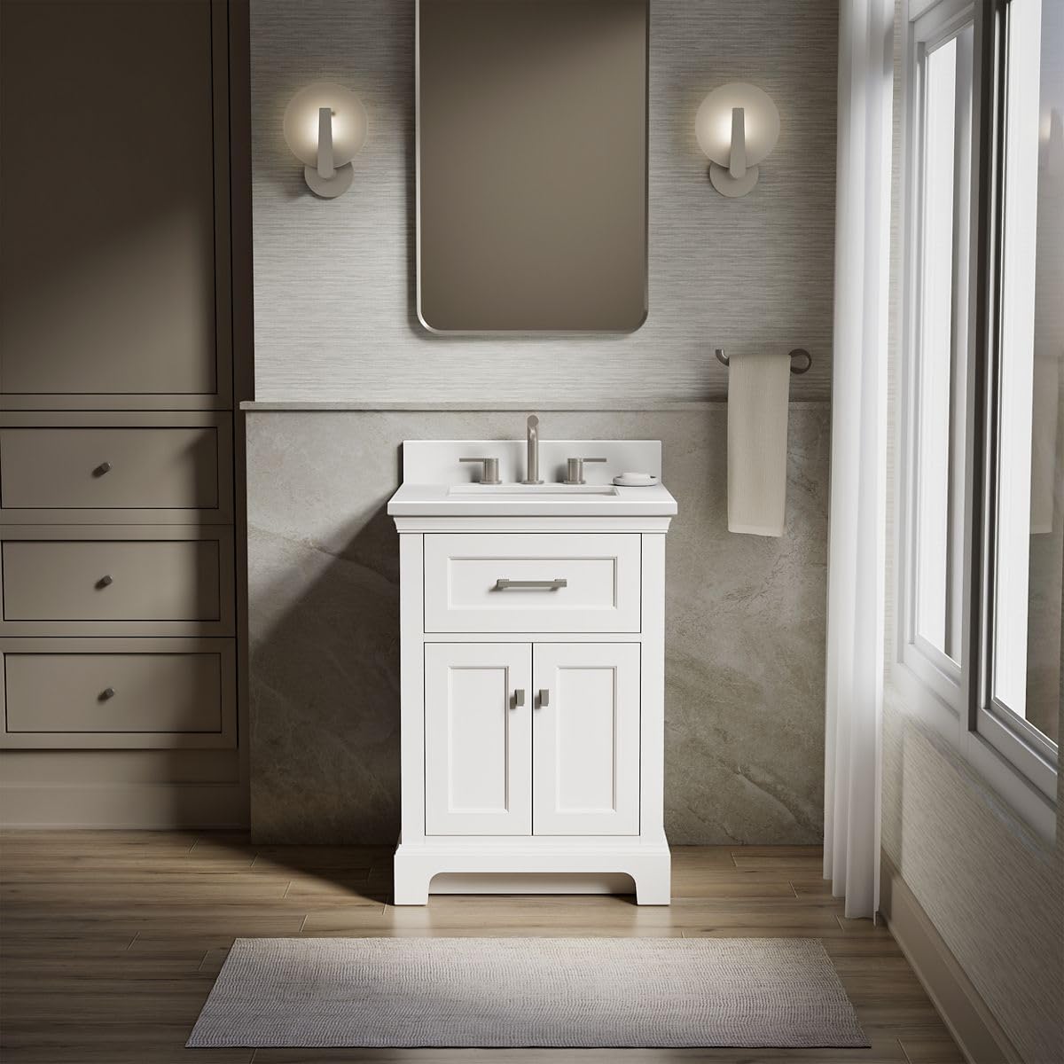 Kohler Charlemont 24' Bathroom Vanity Cabinet with White Sink and Quartz Top, Modern Bathroom Storage, White, K-29259-BD1-0