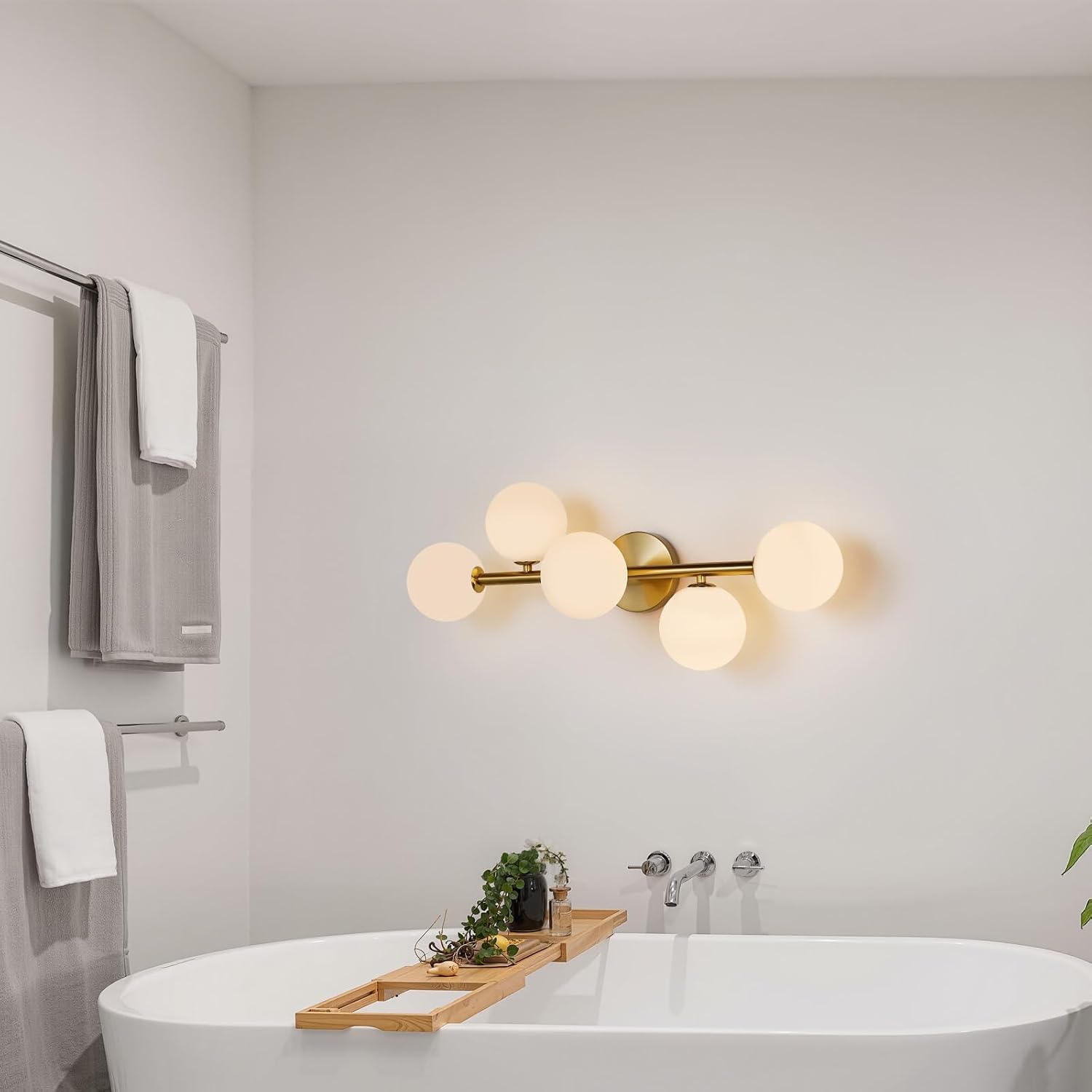 LED Bathroom Vanity Light Fixtures: Modern Gold Brushed Brass 5 Lights Wall Sconce Lighting - Dimmable Vanity Light with Milk White Globe Bubble Glass Shade - Mid century Bathroom Lights over Mirror