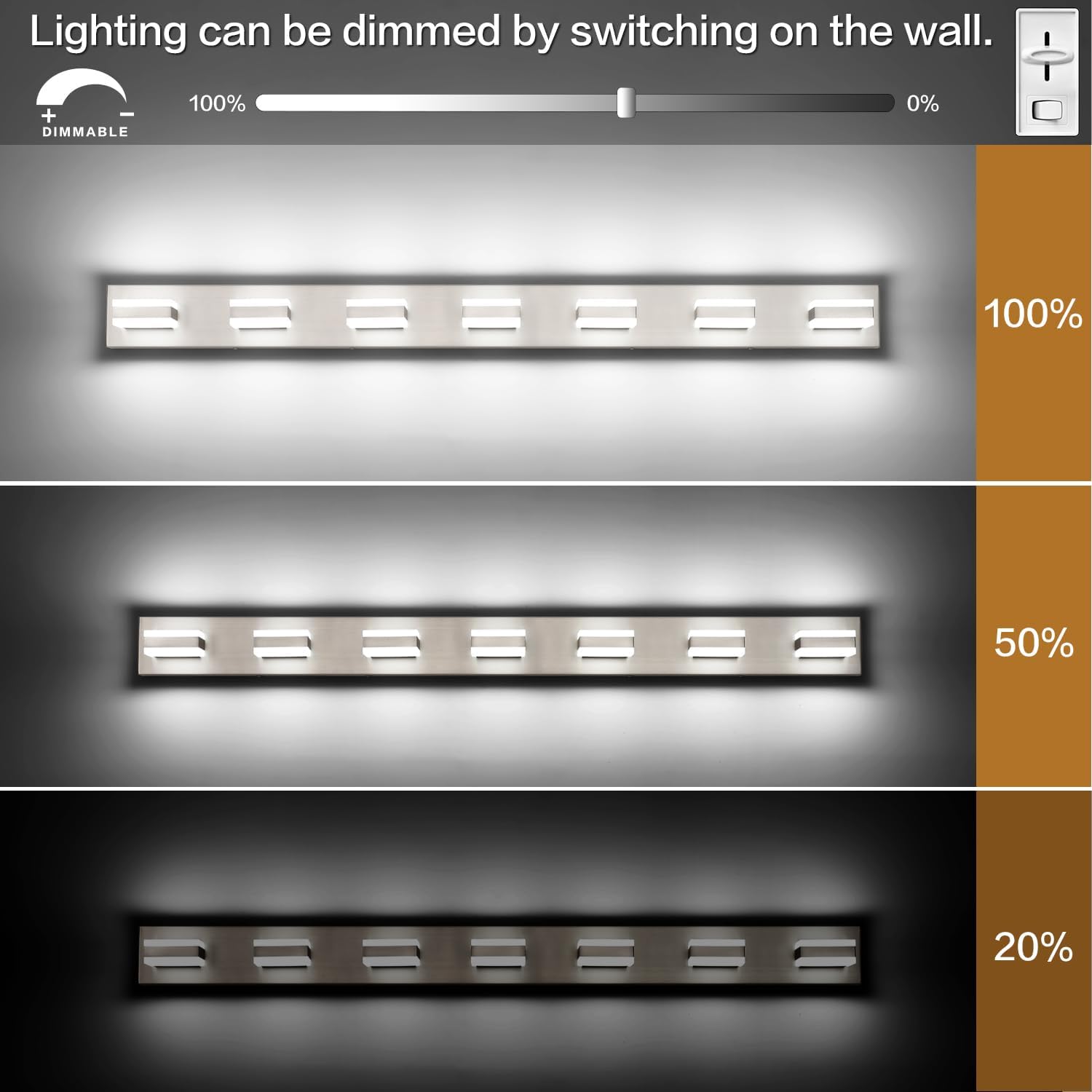 SOLFART Bathroom Vanity Lighting Over Mirror,7 Lights Brushed Nickel Vanity Light, Modern LED Light Fixtures,53 Inch for Bathroom