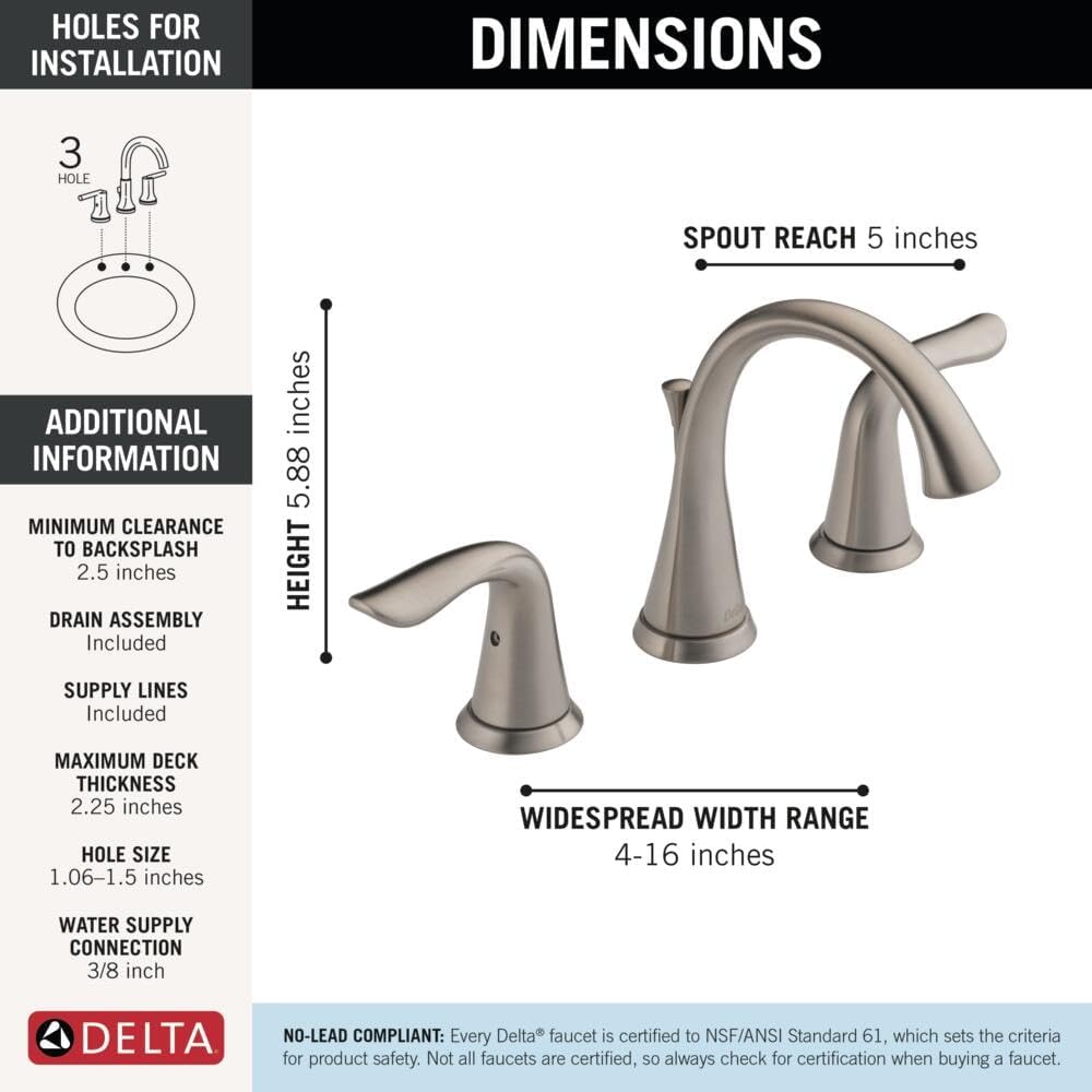 Delta Lahara Brushed Nickel Bathroom Faucet 3 Hole, 8 Inch Widespread Bathroom Sink Faucet for Vanity, Metal Push-Pop Drain Assembly, Stainless 3538-SSMPU-DST