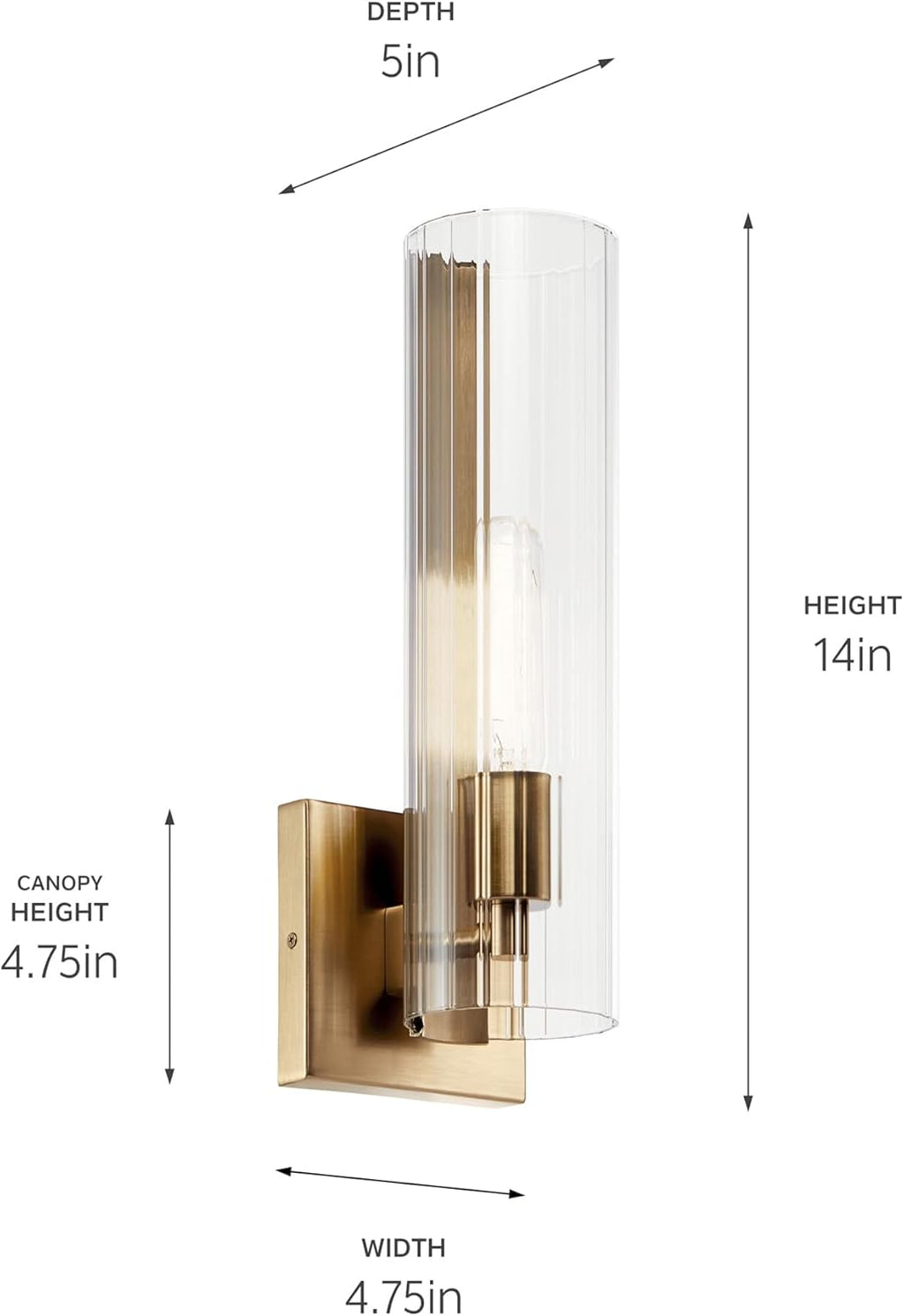Kichler Jemsa 1 Light Wall Sconce, Modern Light with Clear Fluted Glass in Champagne Bronze for Bathroom, Powder Room, Sides of Fireplace, Down a Hallway, Kitchen, or Bedroom (14' x 4.75'), 55165CPZ