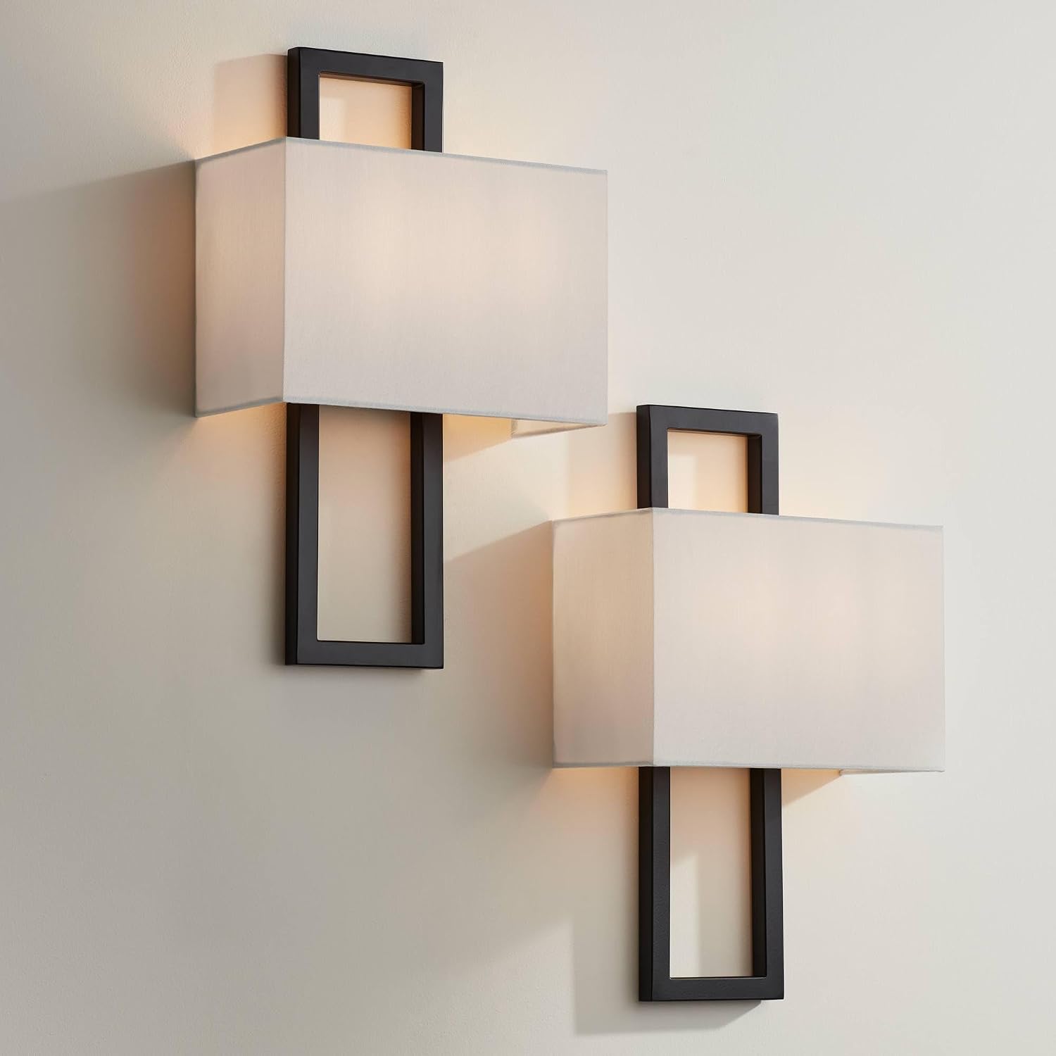 Possini Euro Design Modena Modern Wall Light Sconces Set of 2 Black Hardwired 9 1/2' Fixture Shimmery Silvery Faux Silk Half Shade for Bedroom Bathroom Vanity Living Room Home Hallway Dining House