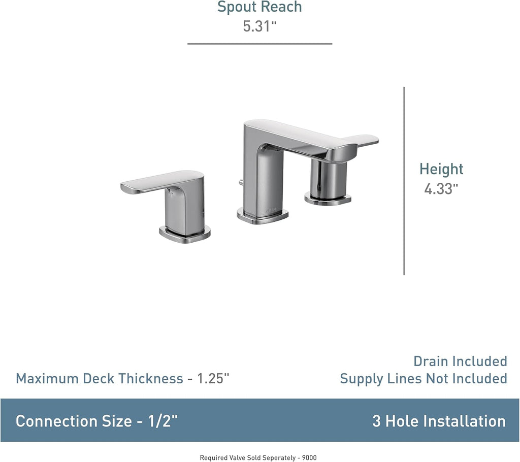 Moen Rizon Chrome Two-Handle Widespread Bathroom Faucet, Valve Required, T6920