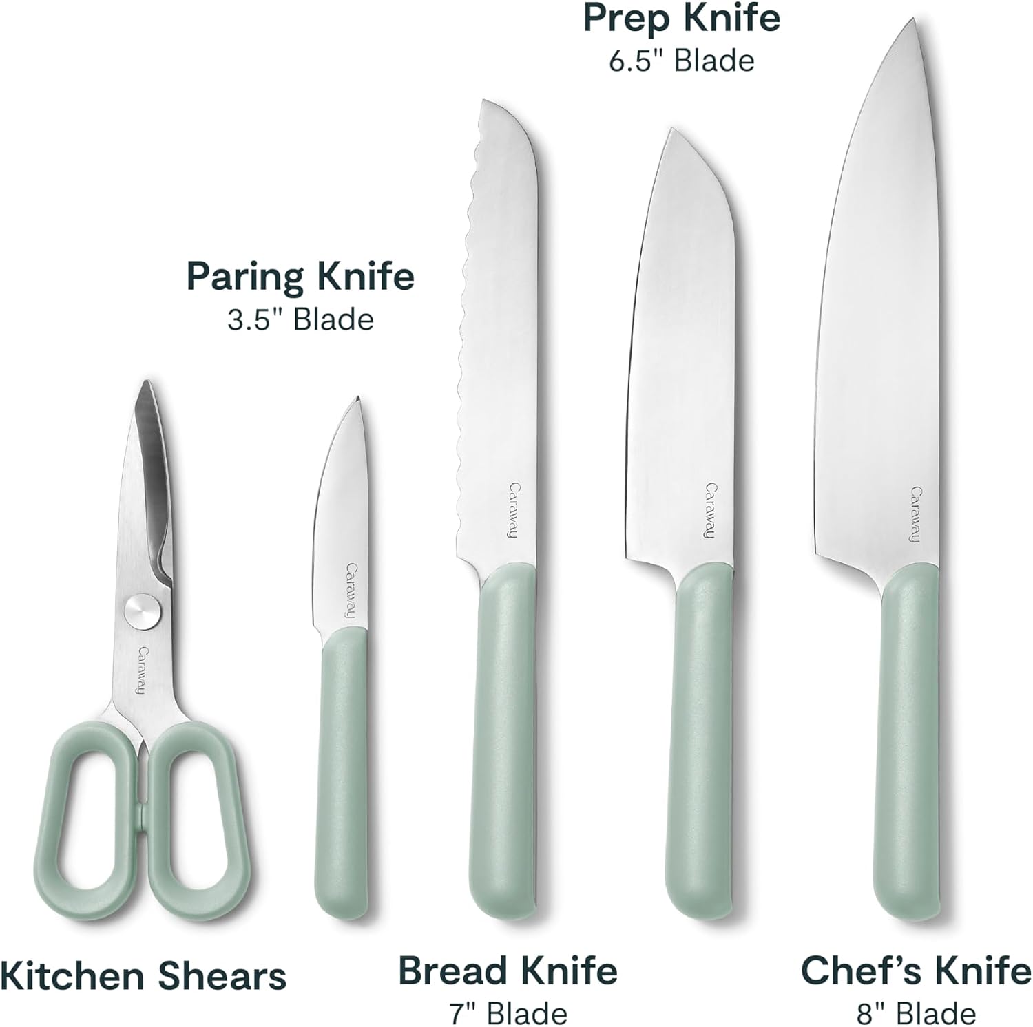 Caraway 5 Piece Knife Set - Premium German Steel Blade Kitchen Knives - Ergonomic Handles - No Microplastics - Mist