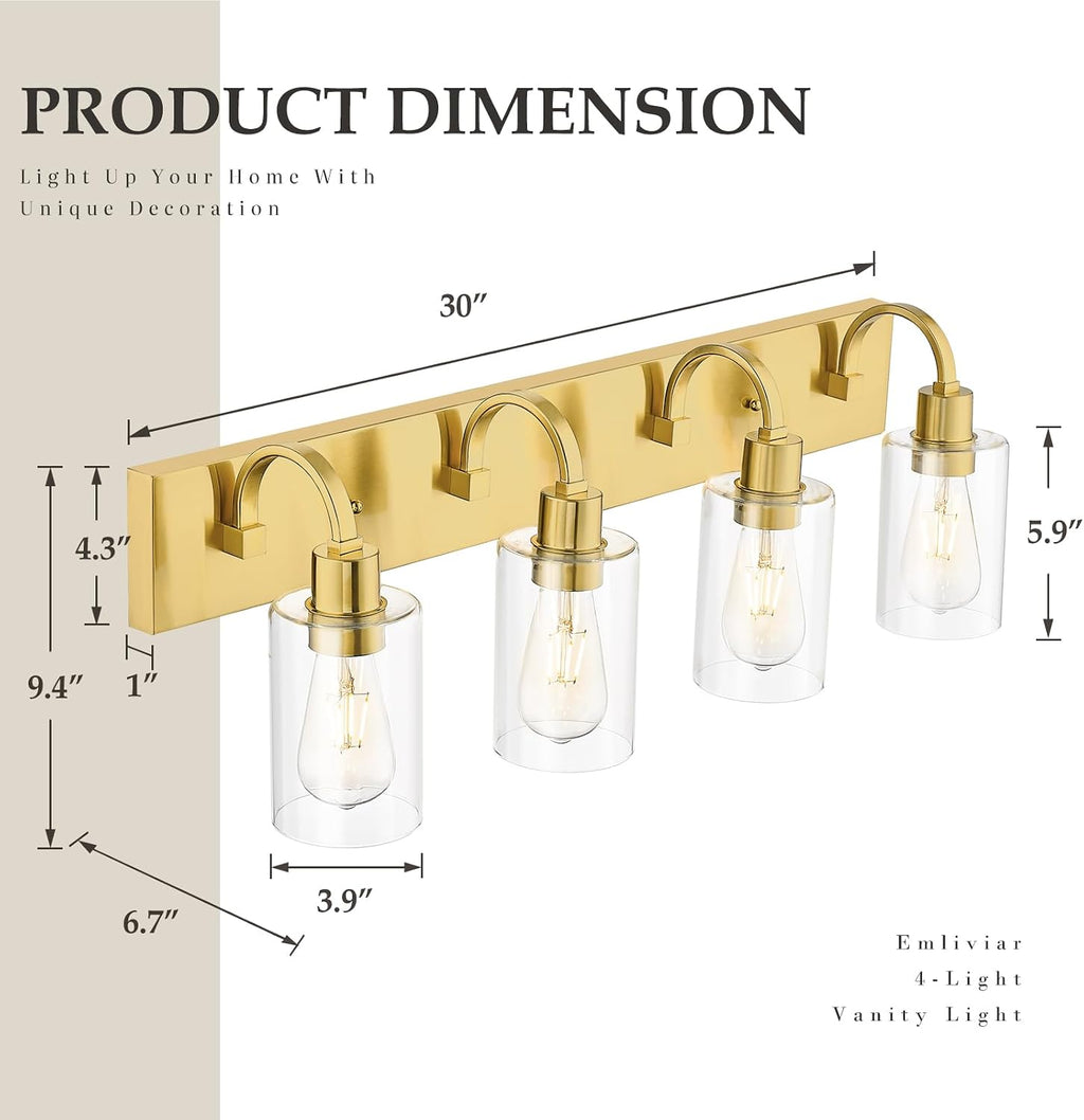 Emliviar 30 Inch Gold Vanity Light, 4-Light Bathroom Light Fixtures with Clear Glass Shade, Brushed Gold Finish, YCE237B-4W BG