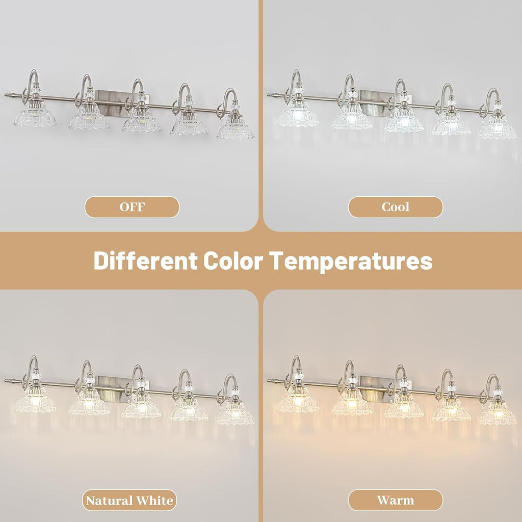 Brushed Nickel Bathroom Vanity Light, 5-Light Nickel Finish Wall Sconce with Hanging Crystal Accents and Flower-Shaped Clear Glass Shades, Modern Wall Mount Vanity Light Over Mirror for Bathroom