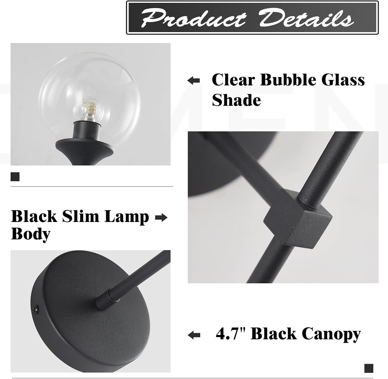 KCO Lighting Matte Black Industrial Wall Sconces Set of Two 1-Light Mid Century Bathroom Wall Mounted Light Sconce Modern Clear Bubble Glass Globe Wall Sconce Lamp Set of 2