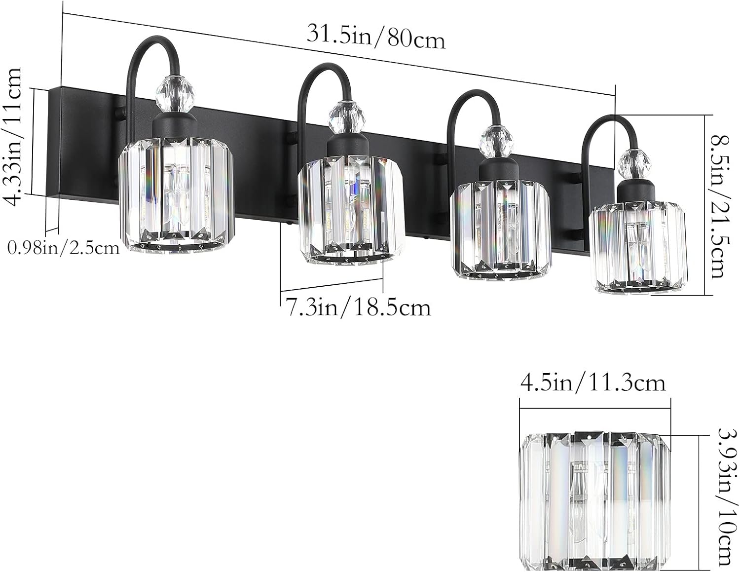 Ralbay Modern Black Vanity Light - 4-Light Crystal Bathroom Wall Light Fixtures in Matte Black