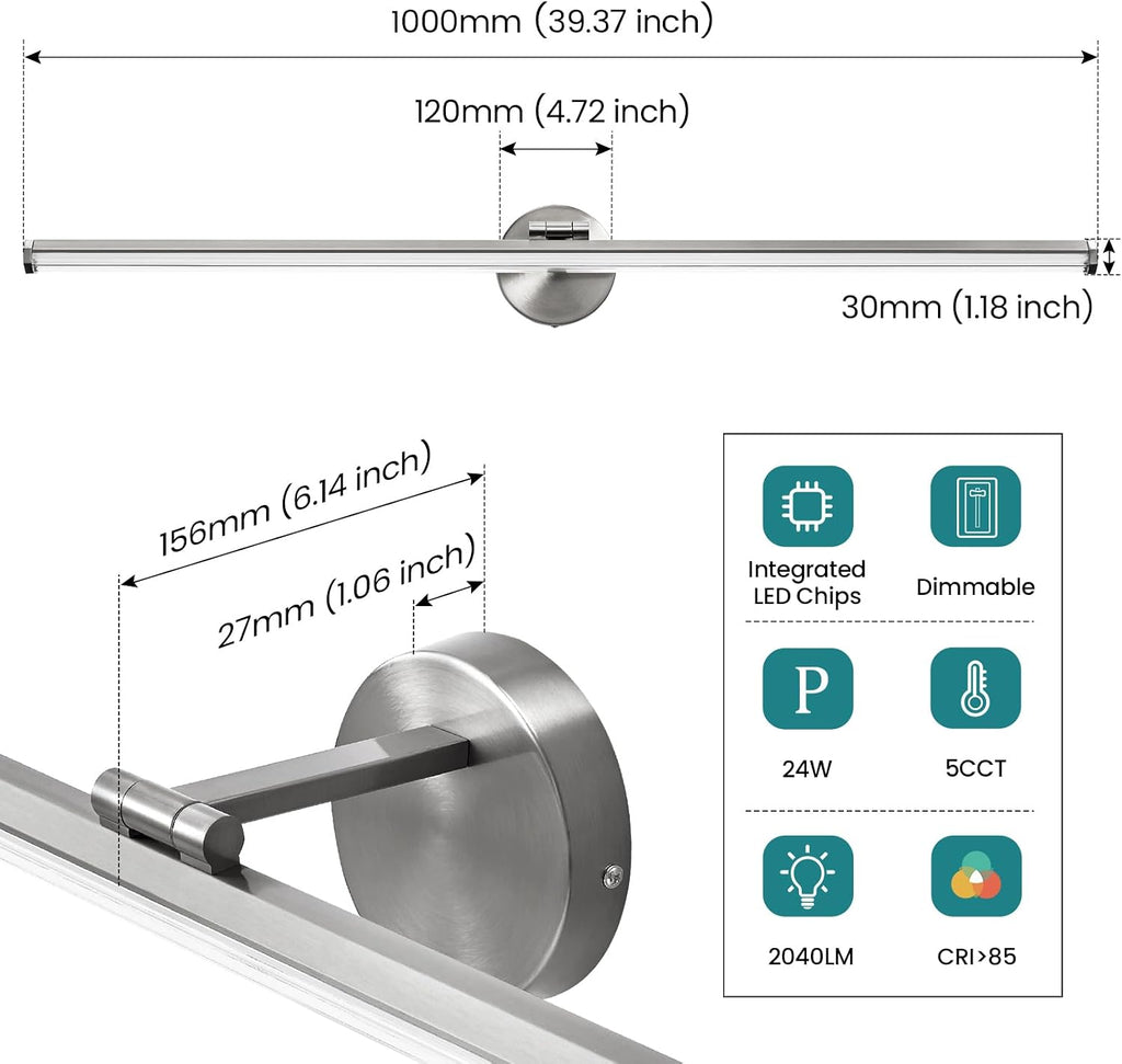 KAISITE Brushed Nickel Modern Bathroom Light - 39 Inch Dimmable 5CCT LED Vanity Light for Restroom