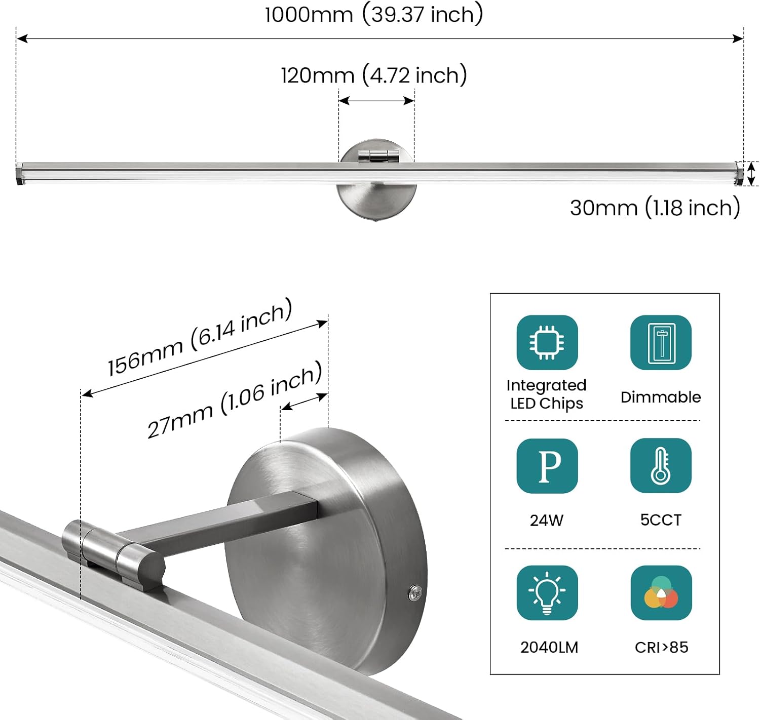 KAISITE Brushed Nickel Modern Bathroom Light - 39 Inch Dimmable 5CCT LED Vanity Light for Restroom