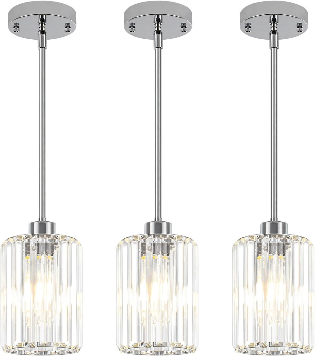 3 Pack Chrome Pendant Lights Kitchen Island, Modern Crystal Kitchen Pendant Lighting Over Island Adjustable Hanging Dining Room Light Fixtures Mini Pendant Light for Bathroom Hallway Bedroom Foyer