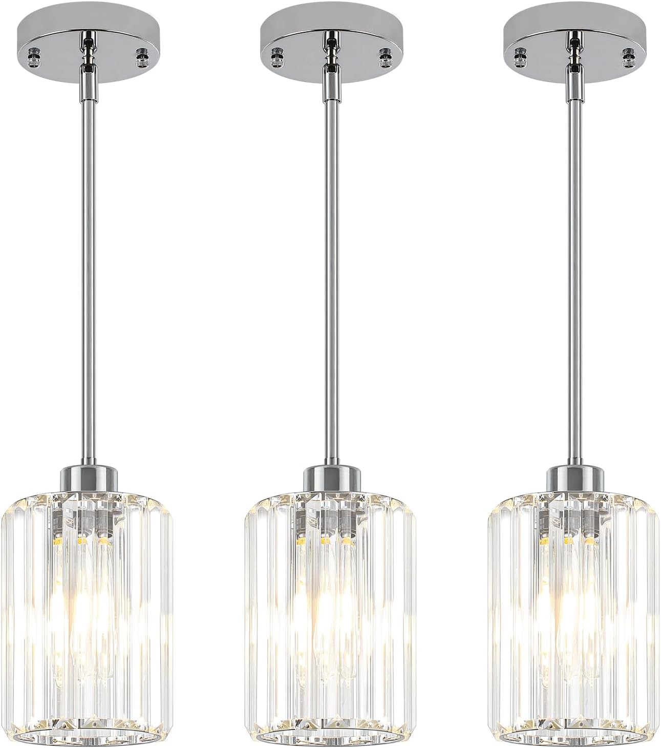 3 Pack Chrome Pendant Lights Kitchen Island, Modern Crystal Kitchen Pendant Lighting Over Island Adjustable Hanging Dining Room Light Fixtures Mini Pendant Light for Bathroom Hallway Bedroom Foyer