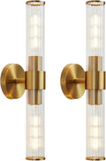 Gold Bathroom Light Fixtures 2 Pack, Hardwired Vanity Lights for Mirror with Threaded Glass Shade, 20 Inch Up and Down Wall Sconces for Bathroom Bedroom Living Room, Bulb Not Included
