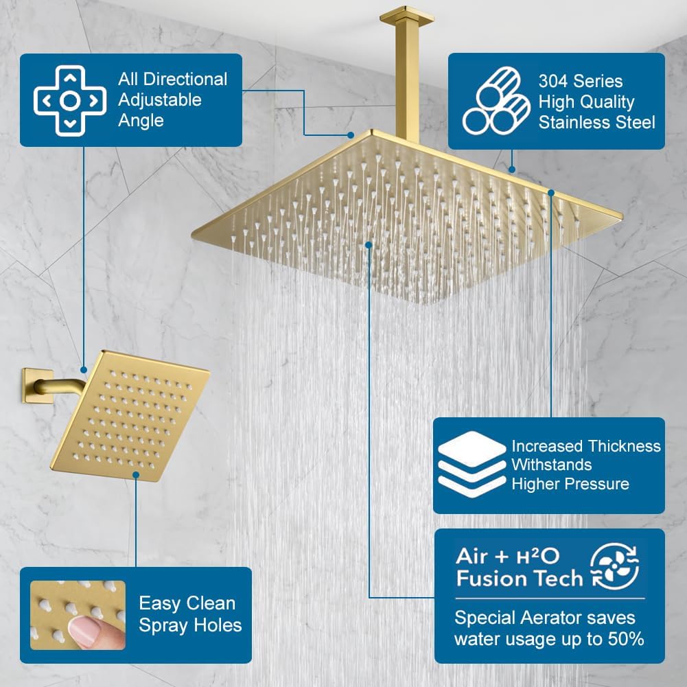 Brushed Gold Shower Faucet Set, Push Button Diverter Shower System, 12 Inch Ceiling Shower Head with 6 Inch Wall Mounted Shower Head and Handle Set, Include Shower Valve and Trim Kit
