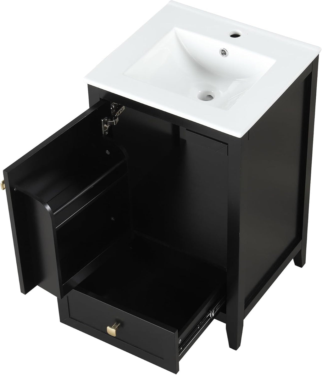 Bellemave 20-inch Solid Wood Bathroom Vanity with Sink, Free Standing Cabinet, Soft Closing Door, Storage Rack, Drawer, Black