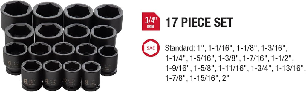 SUNEX TOOLS 4683, 3/4 Inch Drive Heavy Duty Impact Socket Set, 17-Piece, SAE, 1'-2', Cr-Mo Alloy Steel, Radius Corner Design, Dual Size Markings, Heavy Duty Storage Case