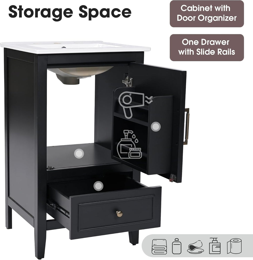 Bellemave 20-inch Bathroom Vanity with Ceramic Sink Combo Set, Solid Wood Frame Bathroom Storage Cabinet with Drawer and Soft Closing Cabinet Door with Storage Rack, Black