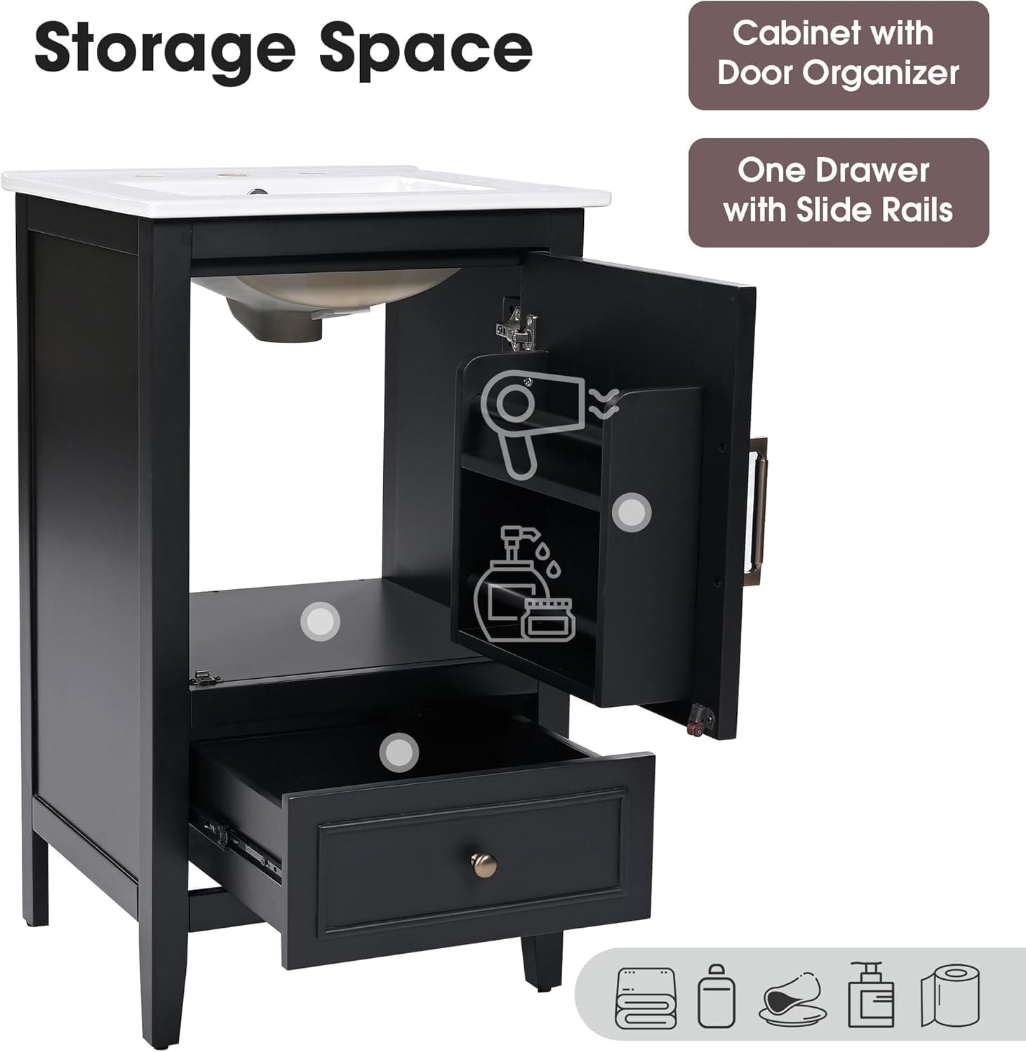 Bellemave 20-inch Bathroom Vanity with Ceramic Sink Combo Set, Solid Wood Frame Bathroom Storage Cabinet with Drawer and Soft Closing Cabinet Door with Storage Rack, Black
