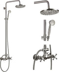 gotonovo Exposed Bathroom Shower Faucet Set Shower Fixture 8 Inch Rainfall Shower Head Handheld Shower Cross Handle Wall Mount 2 Functions Brushed Nickel