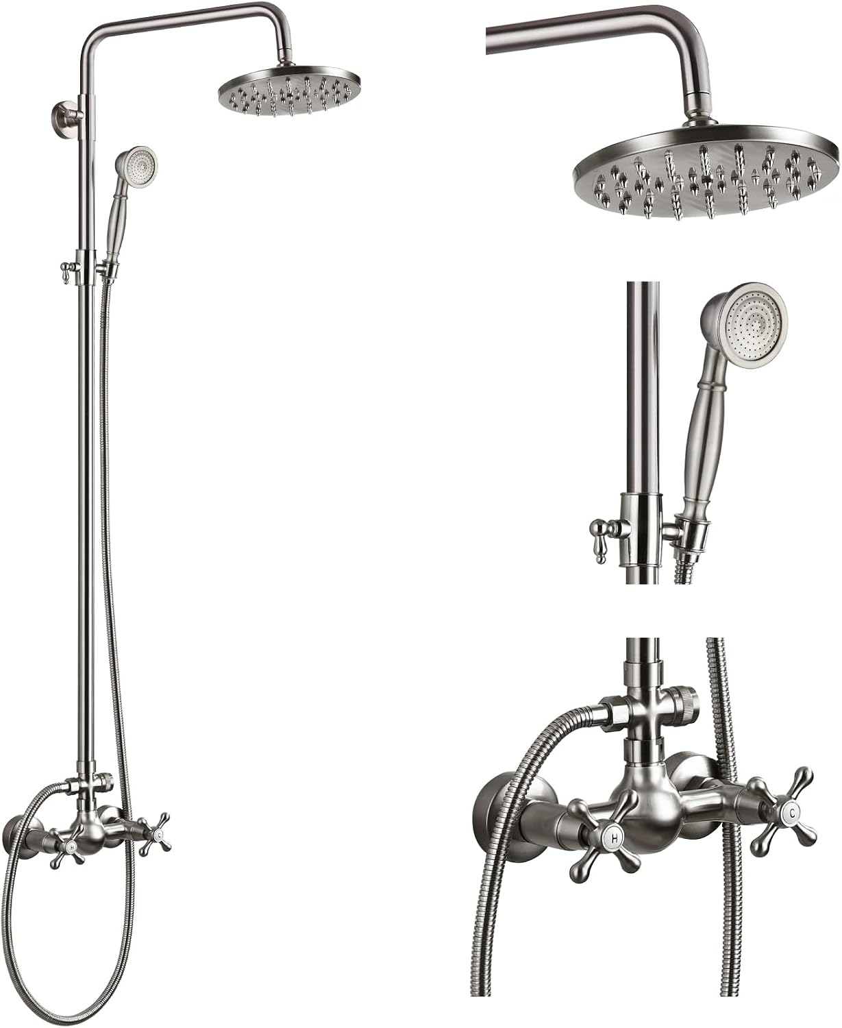 gotonovo Exposed Bathroom Shower Faucet Set Shower Fixture 8 Inch Rainfall Shower Head Handheld Shower Cross Handle Wall Mount 2 Functions Brushed Nickel