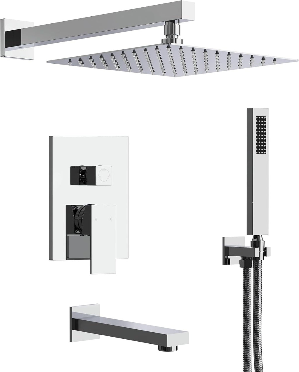 Shower Tub Faucet Set, 10' Bathroom Rainfall Shower Head Fixtures Combo with Handheld Spray and Tub Spout, Chrome (Valve Included)