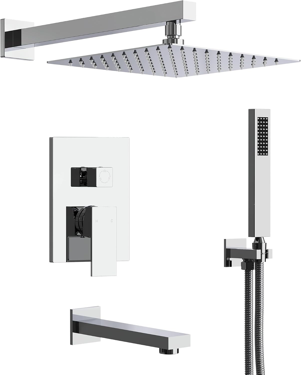 Shower Tub Faucet Set, 10' Bathroom Rainfall Shower Head Fixtures Combo with Handheld Spray and Tub Spout, Chrome (Valve Included)