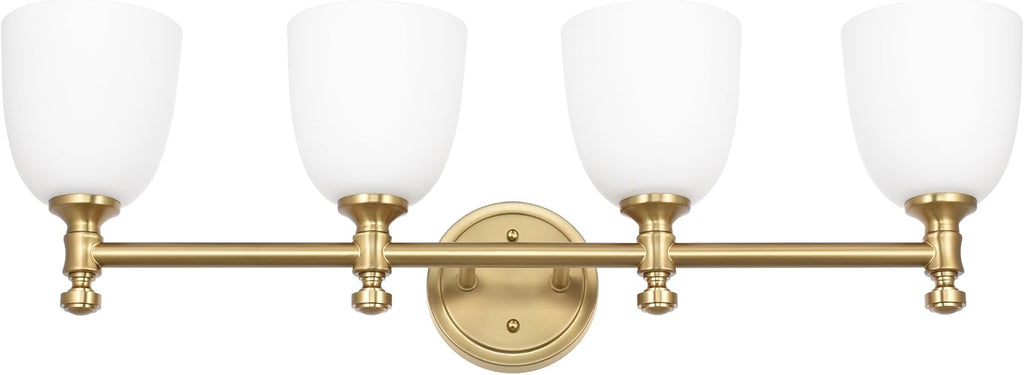 Gold Bathroom Vanity Light, 4-Light Bathroom Light Fixtures Over Mirror, Traditional Vanity Lights for Living Room, Milk White Bell Glass Shades, Standard E26 Base, Aged Brass