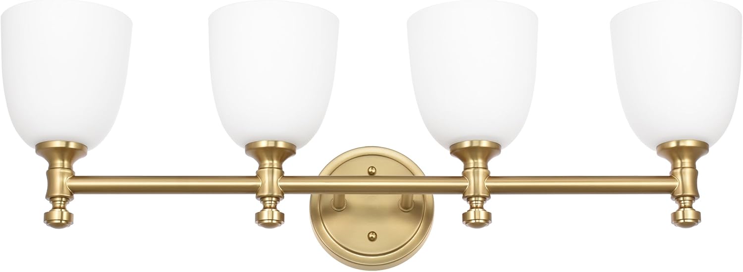 Gold Bathroom Vanity Light, 4-Light Bathroom Light Fixtures Over Mirror, Traditional Vanity Lights for Living Room, Milk White Bell Glass Shades, Standard E26 Base, Aged Brass