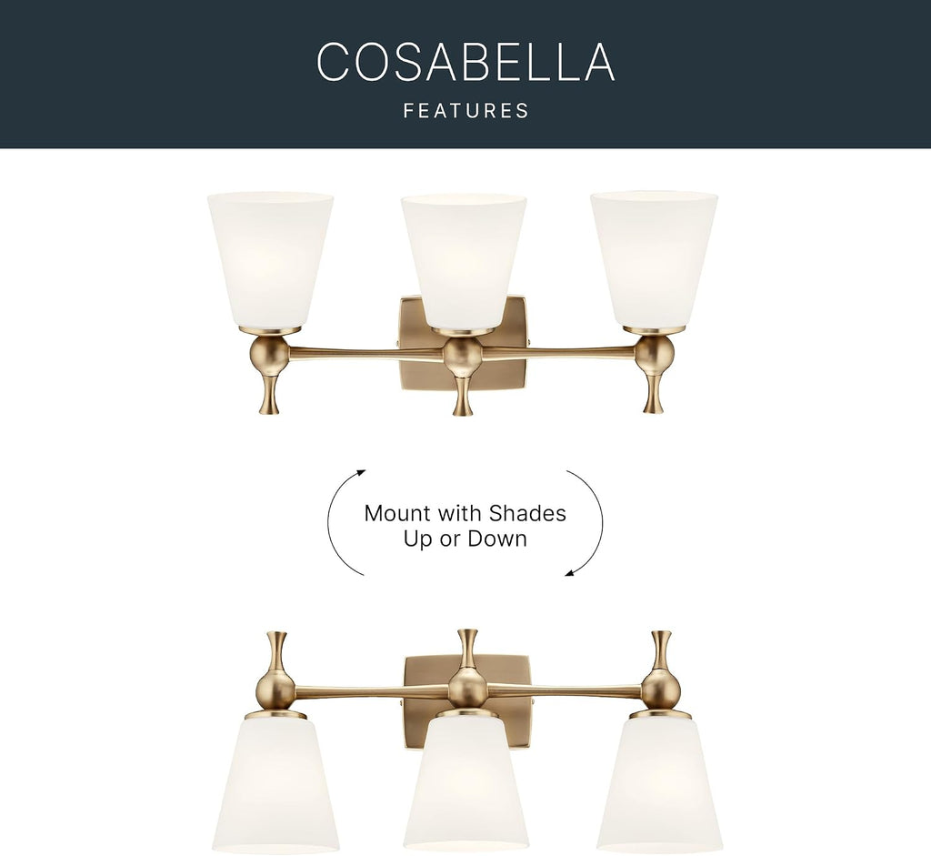 Kichler Cosabella 3-Light 24' Bathroom Vanity Light Fixture with Satin Etched Cased Opal Glass Shades in Champagne Bronze for Modern Bathrooms and Powder Rooms, 55092CPZ