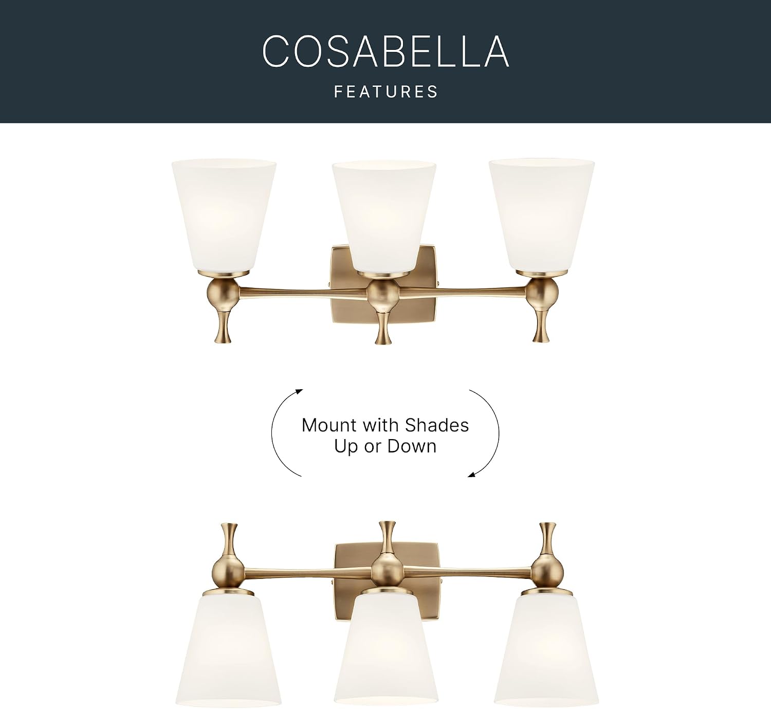 Kichler Cosabella 3-Light 24' Bathroom Vanity Light Fixture with Satin Etched Cased Opal Glass Shades in Champagne Bronze for Modern Bathrooms and Powder Rooms, 55092CPZ