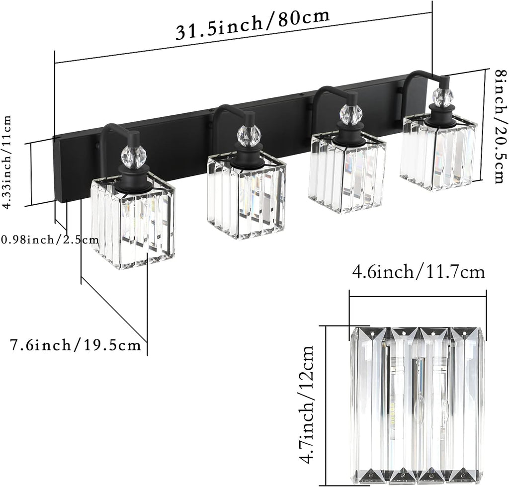 Ralbay Black Crystal Vanity Light 4 Light 31.5''Modern Matte Black Bathroom Wall Light Fixtures Over Mirror Bathroom Vanity Lights