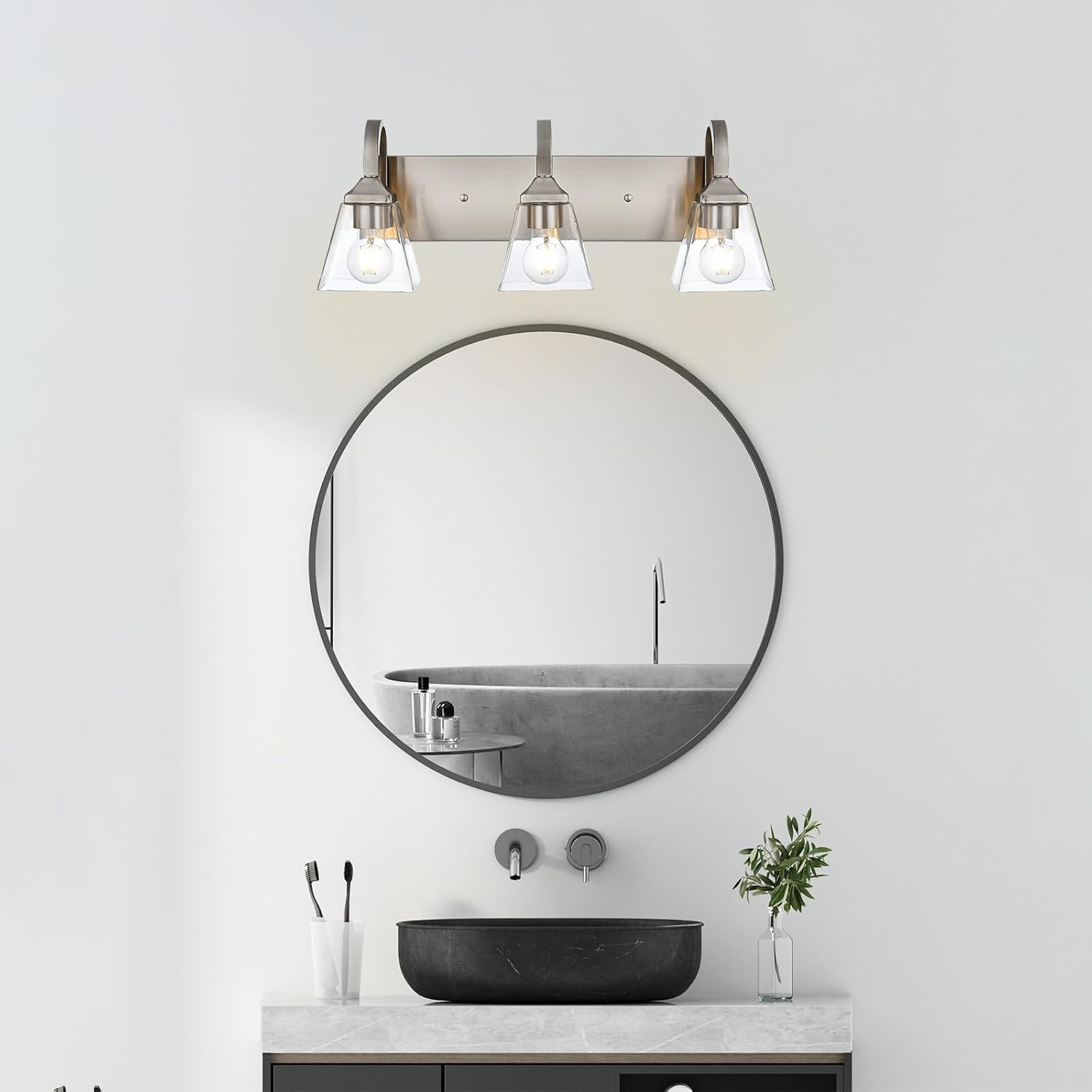 Bathroom Light Fixtures,3 Light Modern Brushed Nickel Vanity Lights Over Mirror Industrial Wall Sconce Lighting with Clear Glass Shades for Bathroom, Vanity Table, Living Room Hallway