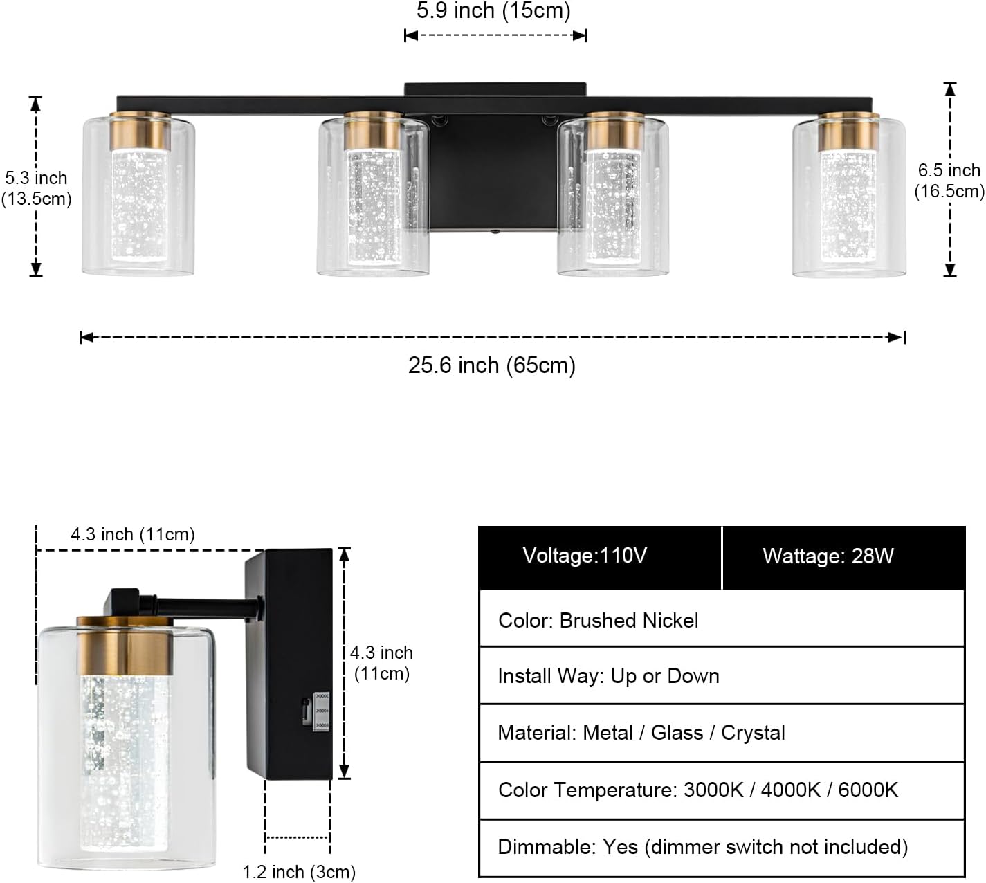 SineRise 4-Light Black and Gold Vanity Light with 3 Color Modes (3000K/4000K/6000K), Eye Protection LED Bathroom Light Fixture, Dimmable Modern Wall Light Over Mirror with Clear Glass Shade