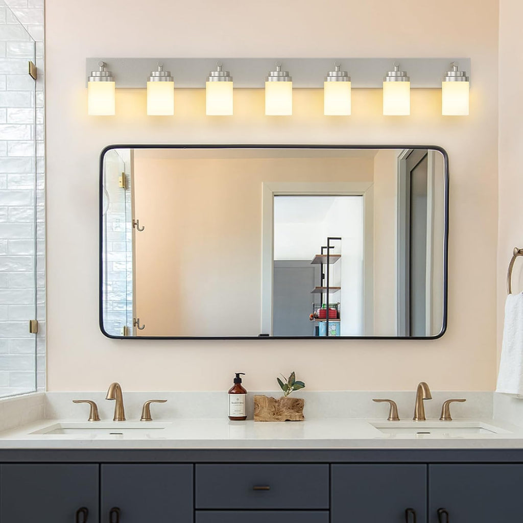 IZORRO Bathroom Vanity Light Fixture, 7-Light 52 inch Brushed Nickel Bathroom Light Fixtures Over Mirror, with White Glass Shade, Modern Farmhouse Vanity Lights, Rustic Restroom Lighting Fixtures