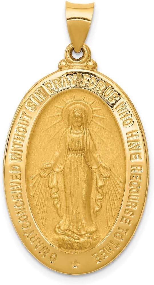14k Gold Virgin Mary Miraculous Medal Pendant - Oval Mother Mary Necklace Charm with Sacred Words - Handcrafted Religious Jewelry Made in USA - Traditional Catholic Design