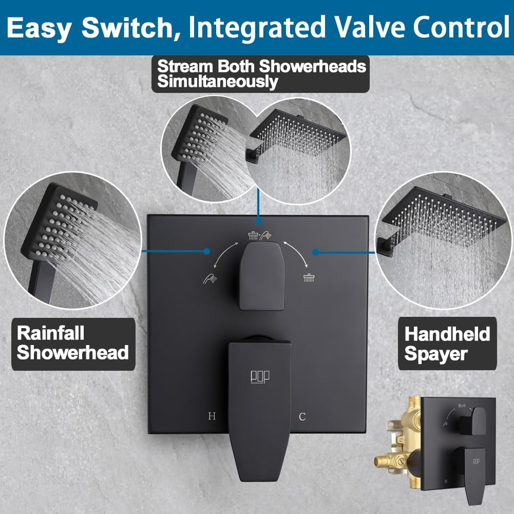 Matte Black Shower Faucet Set Rainfall 12 Inch Shower Head and Handle Set Bathroom Rain Shower System Wall Mounted Shower Fixture Include Shower Valve and Trim Kit
