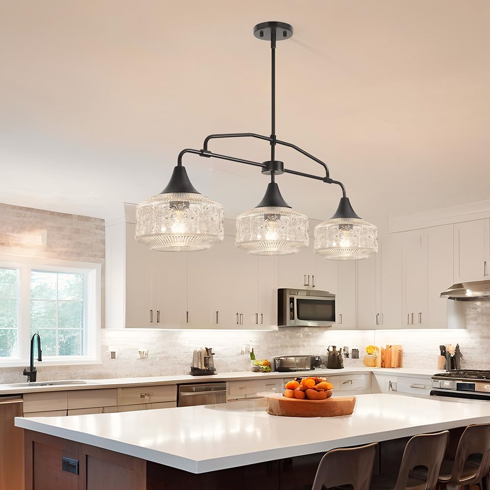 Farmhouse Kitchen Island Lighting, Black 3-Light Island Light for Kitchen, Adjustable Dining Room Light Fixture Over Table, Linear Chandelier Pendant Lighting with Clear Glass for Living Room Sink
