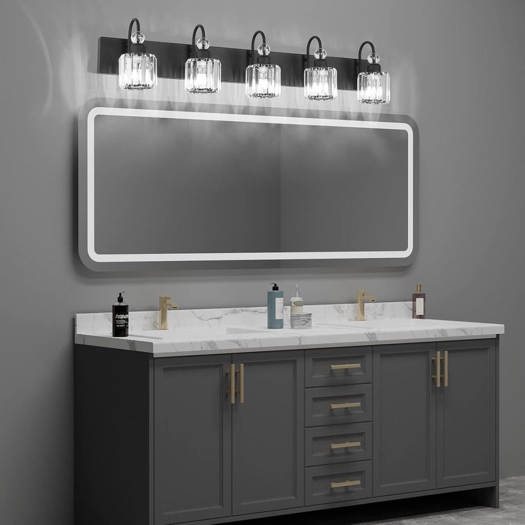 Ralbay Modern Crystal Black 5-Light Bathroom Vanity Light, Matte Black Crystal Bath Wall Light Fixtures