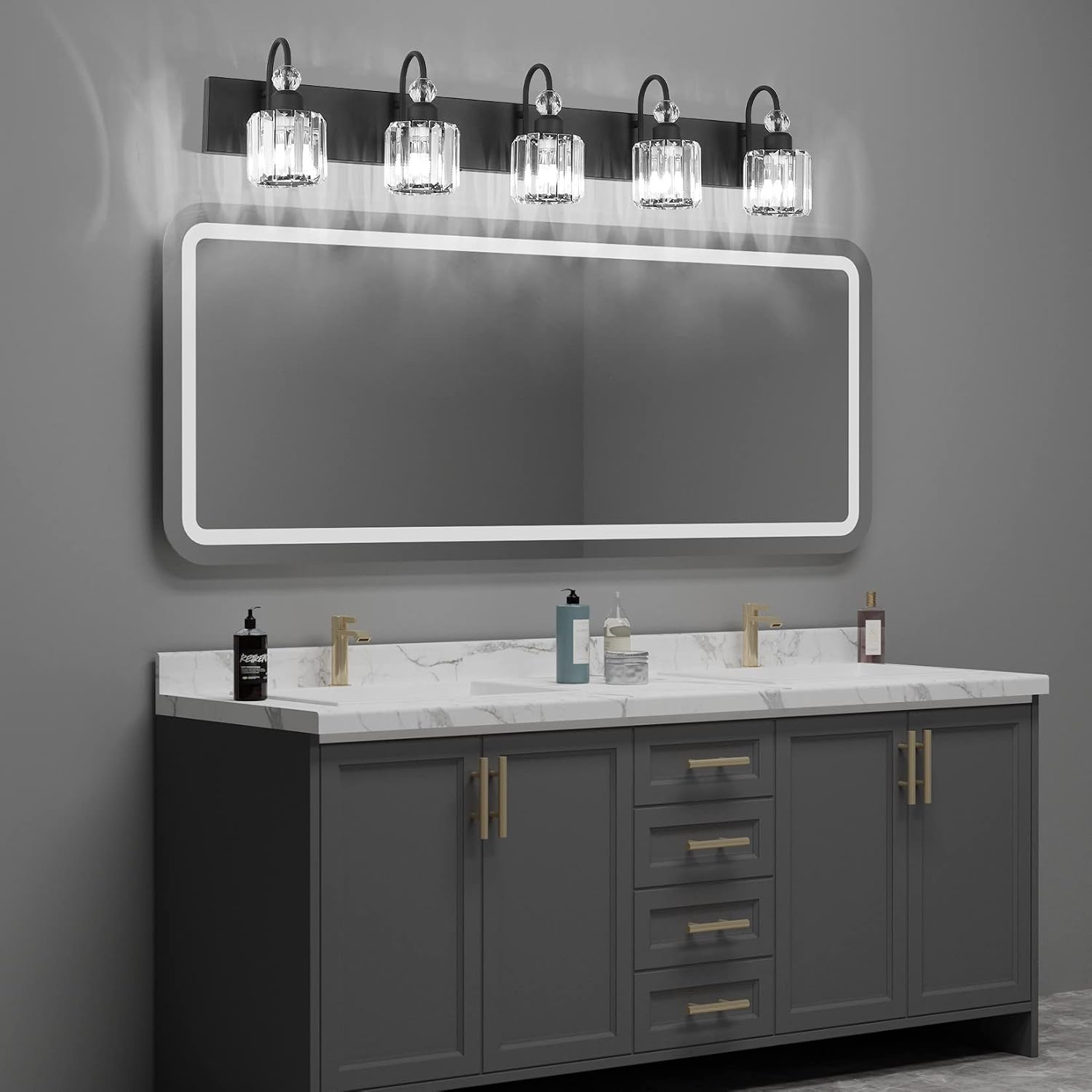 Ralbay Modern Crystal Black 5-Light Bathroom Vanity Light, Matte Black Crystal Bath Wall Light Fixtures