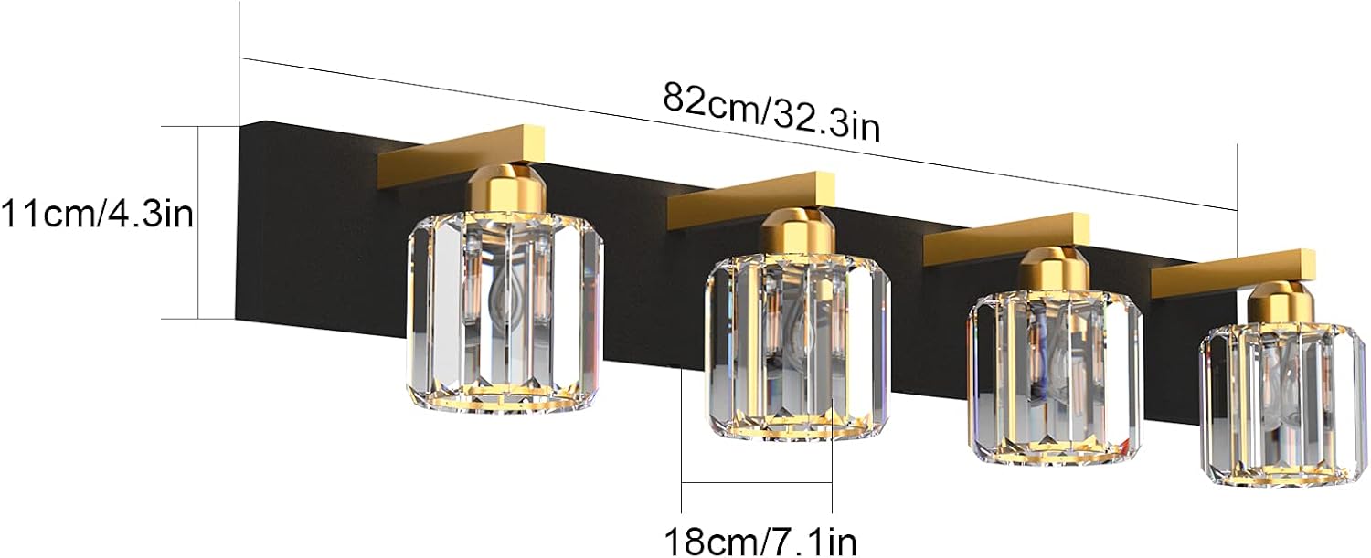 Aipsun Crystal Bathroom Vanity Lighting Black Vanity Light Fixtures Modern Vanity Light for Bathroom 4 Lights(Exclude Bulb)