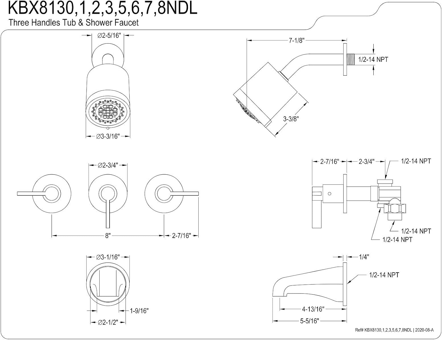 Kingston Brass KBX8135NDL NuvoFusion Triple-Handle Tub and Shower Faucet in Oil Rubbed Bronze