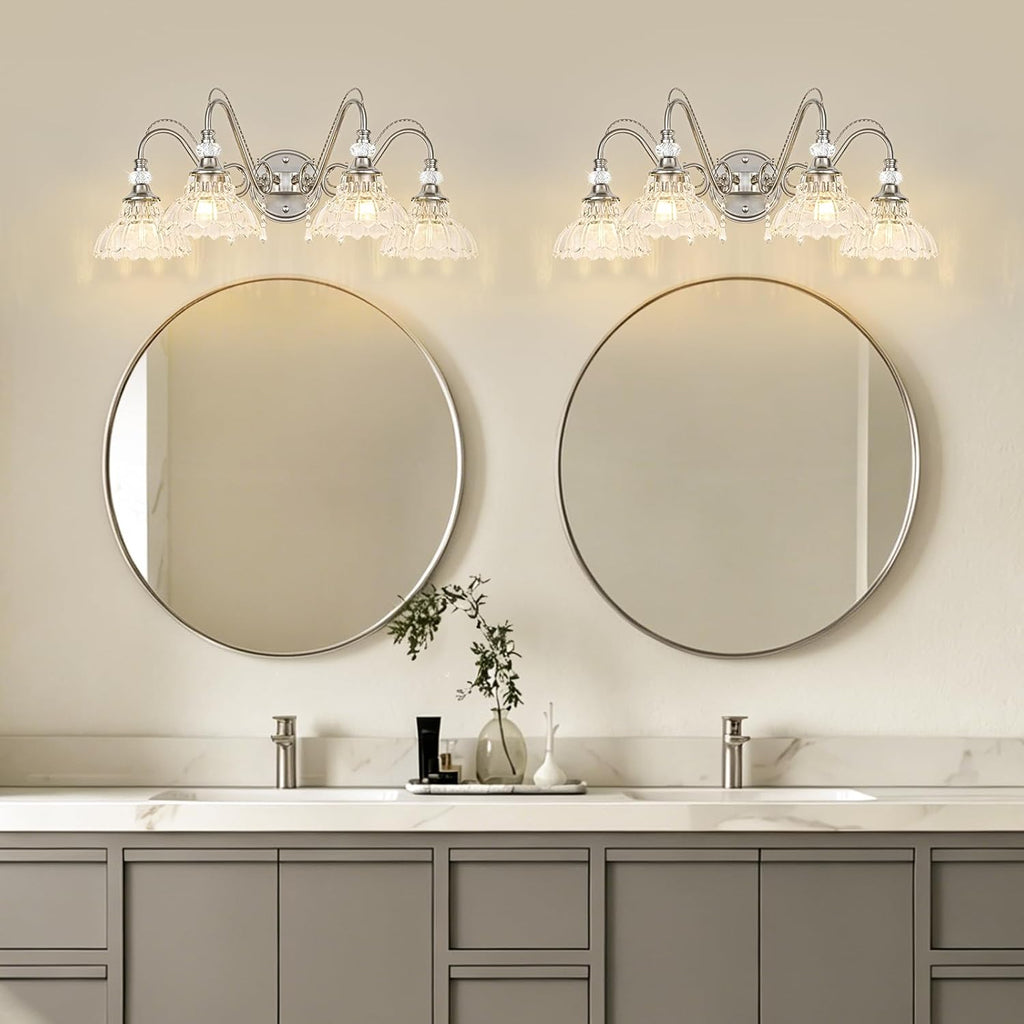 Brushed Nickel Bathroom Vanity Light, 4-Light Nickel Finish Wall Sconce with Hanging Crystal Accents and Flower-Shaped Clear Glass Shades, Modern Wall Mount Vanity Light Over Mirror for Bathroom